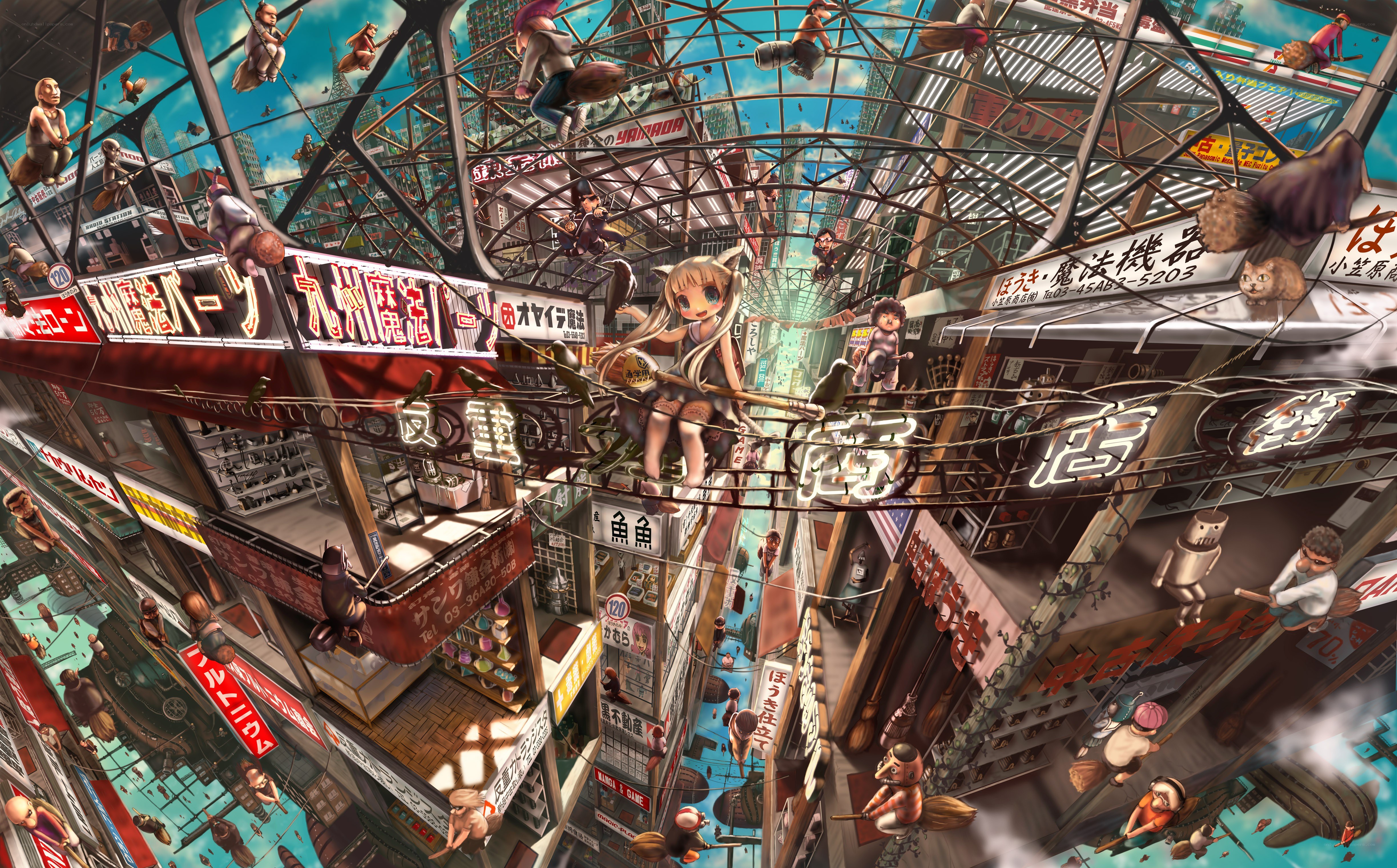 anime cityscape with flying characters