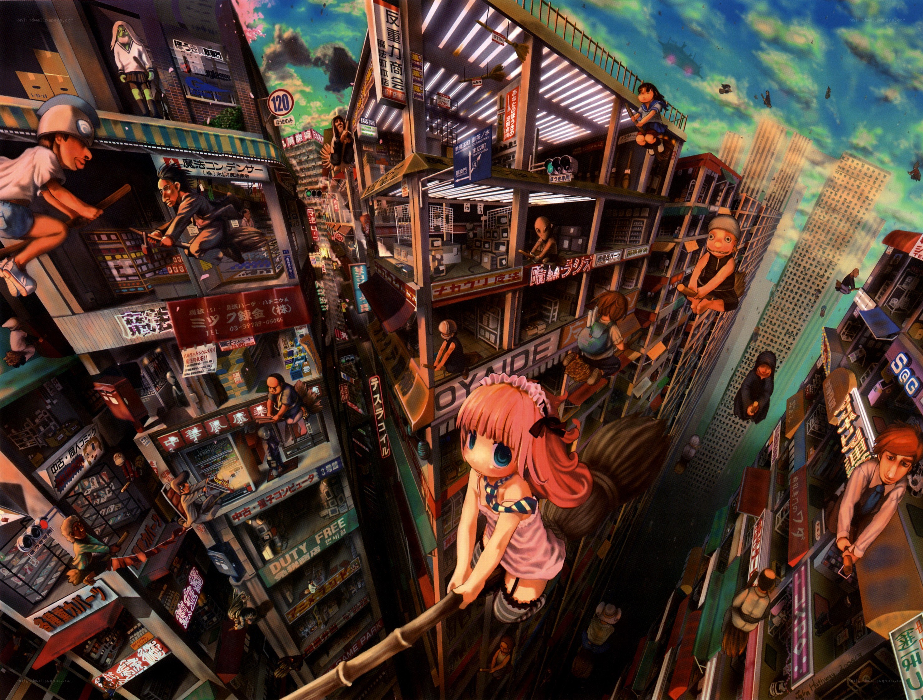 Anime cityscape with flying characters