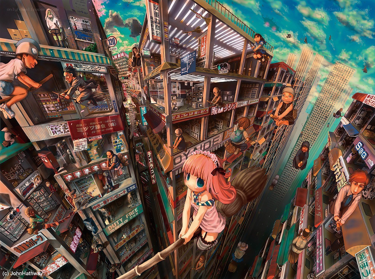 Anime cityscape with flying characters