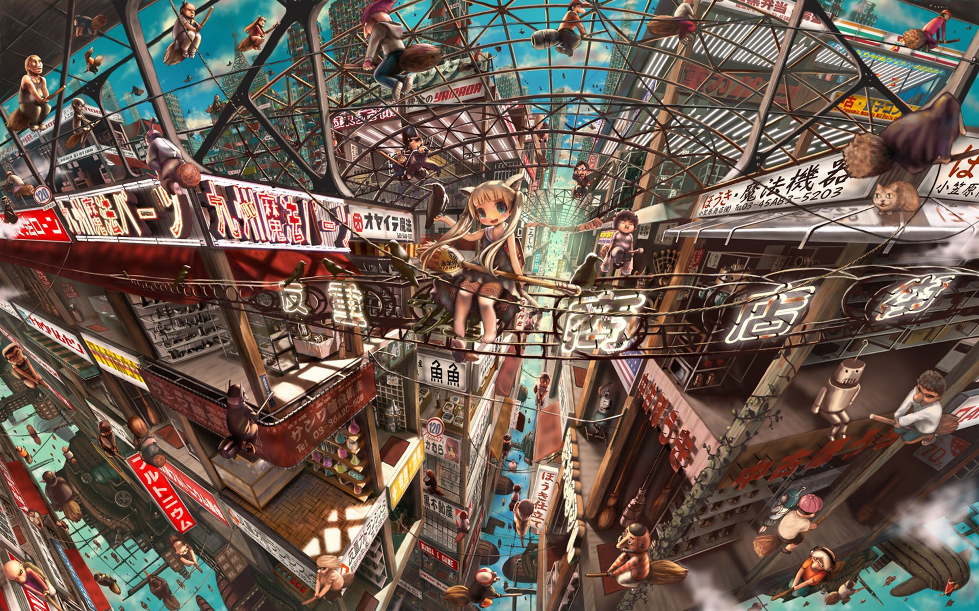 Anime cityscape with flying characters