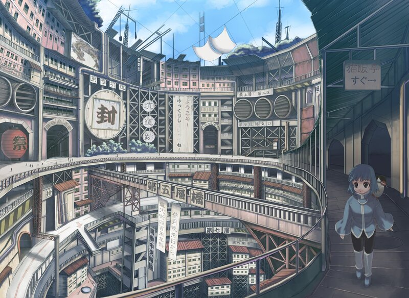 Anime cityscape with girl