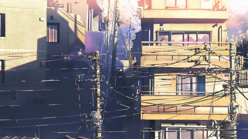 Anime cityscape with power lines