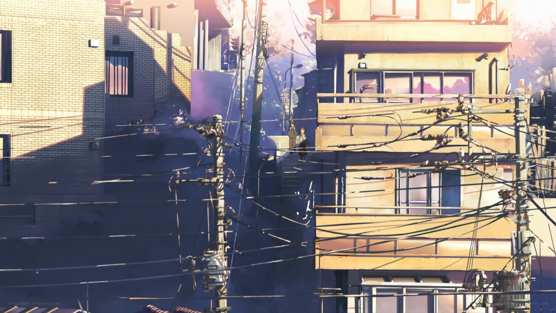 Anime cityscape with power lines