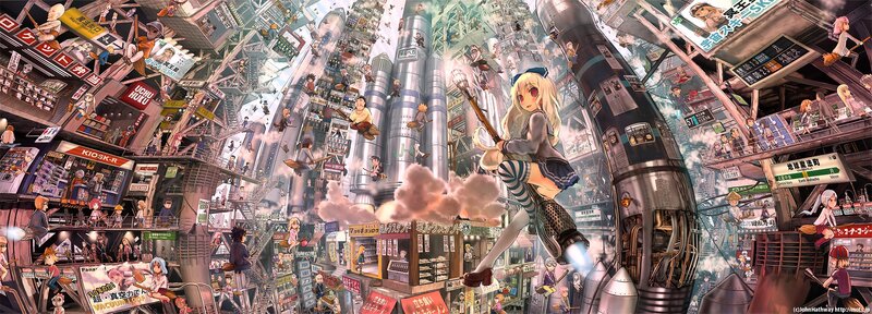 Anime cityscape with rocket launch