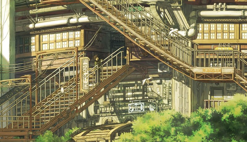 Anime cityscape with stairs