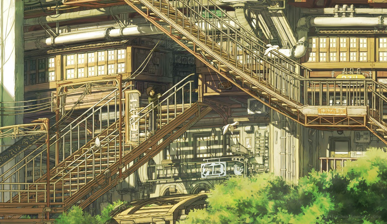 Anime cityscape with stairs
