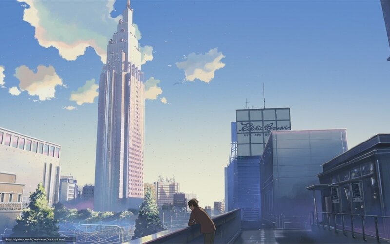 Anime cityscape with tall tower