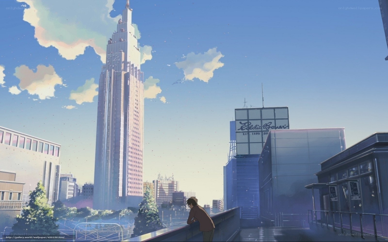 Anime cityscape with tall tower