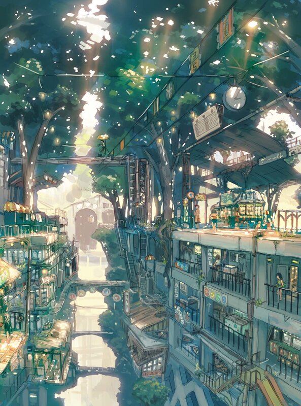 Anime cityscape with trees