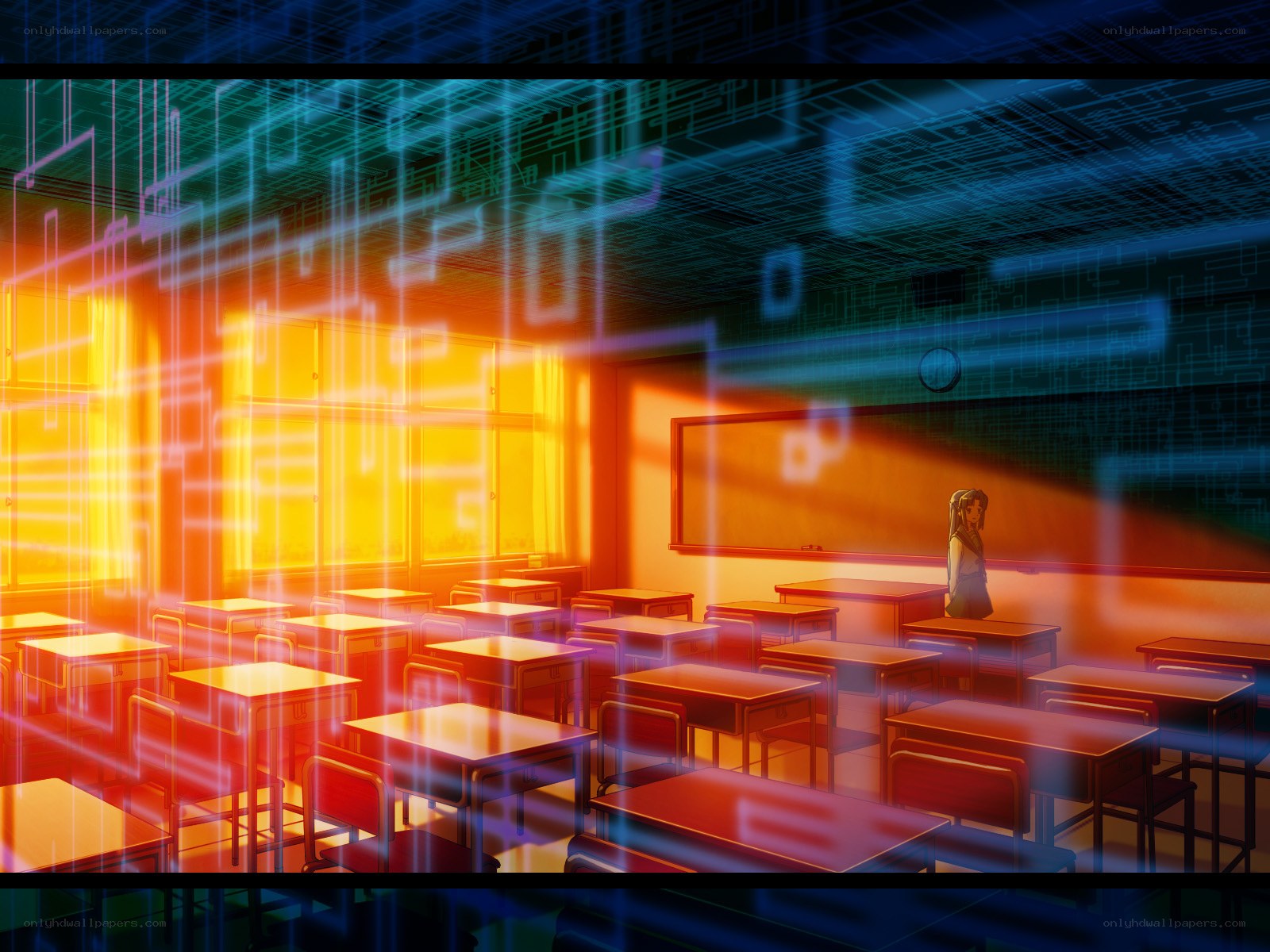 anime classroom with digital overlay