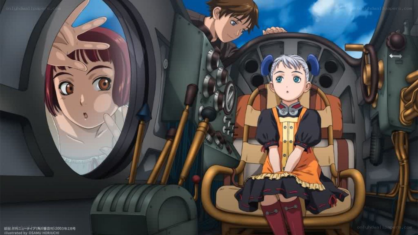 anime cockpit scene with three characters