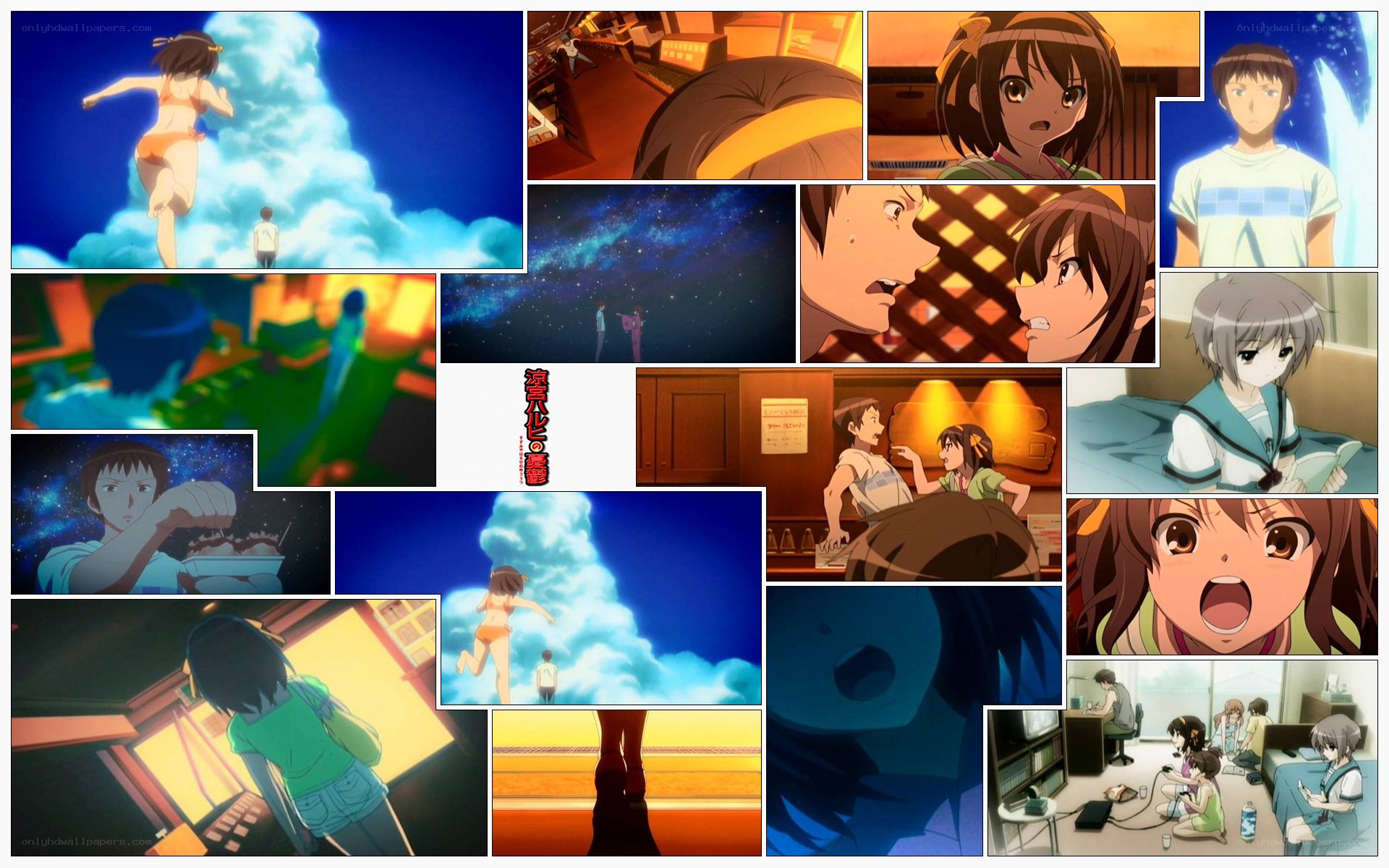 Anime collage with beach and indoor scenes