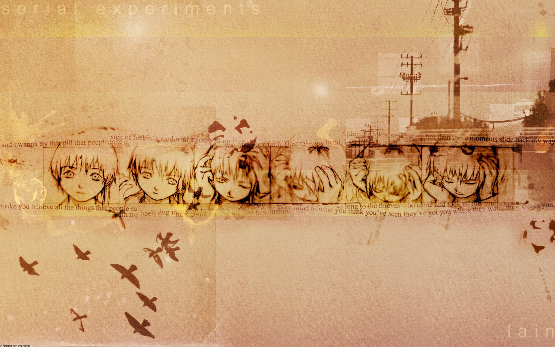 anime collage with birds and text