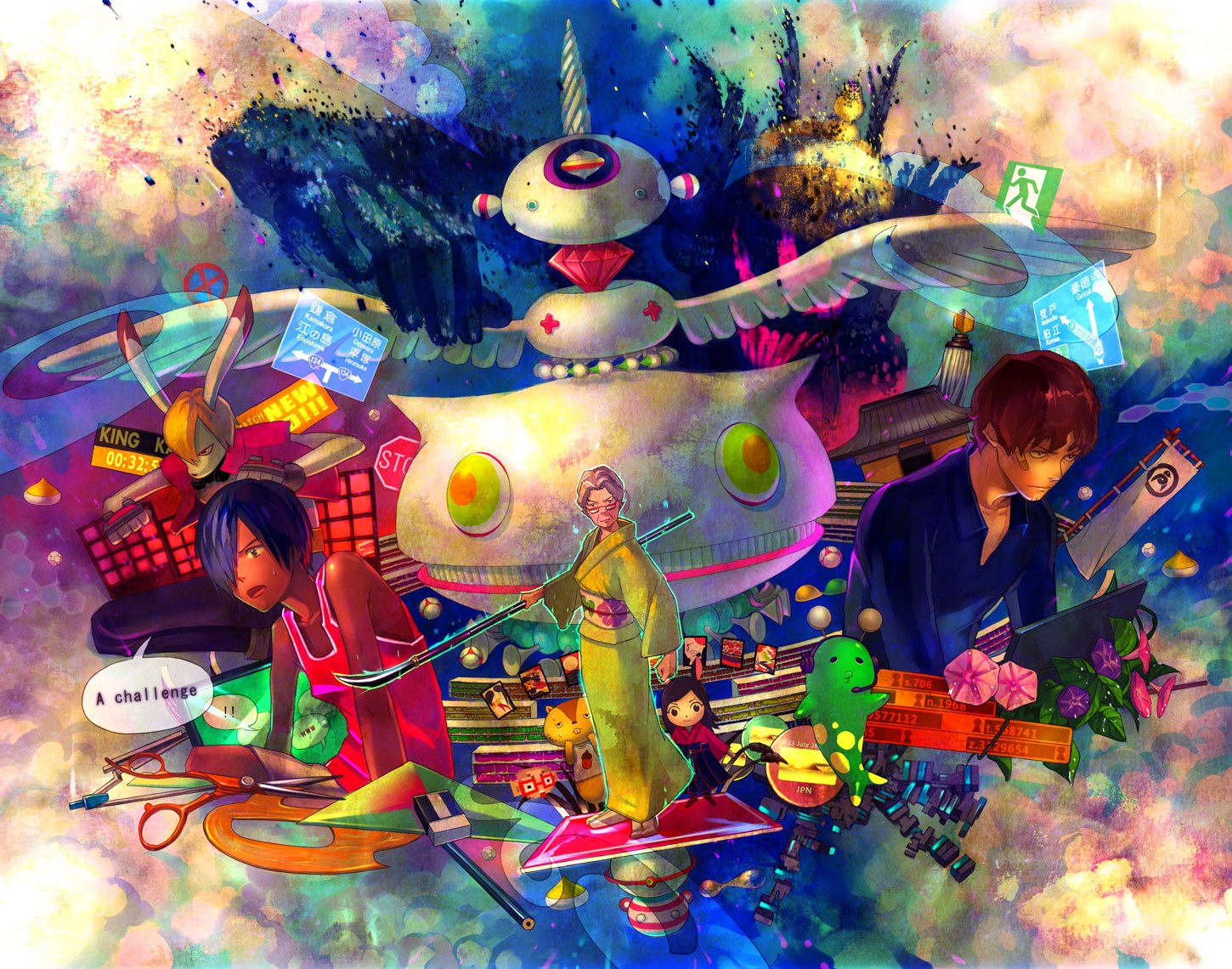 Anime collage with characters and creatures