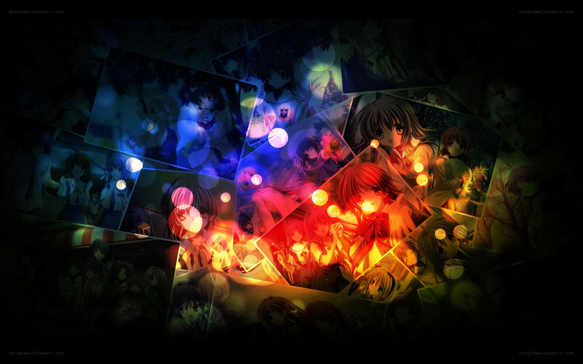 Anime collage with glowing lights