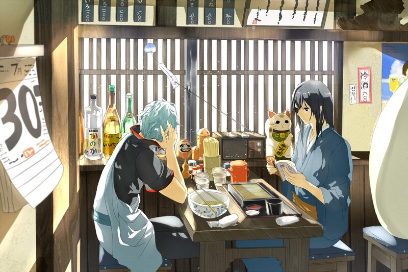 Anime couple at a Japanese restaurant
