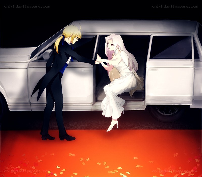 Anime couple at a limo