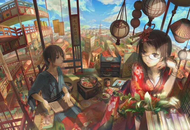 Anime couple at a tea house