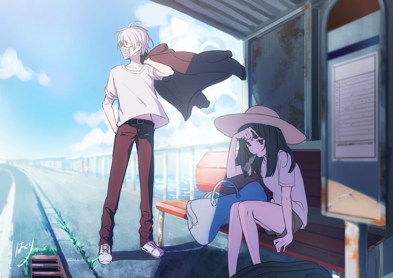 Anime Couple at Bus Stop