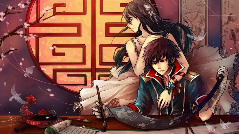Anime Couple at Desk — Red