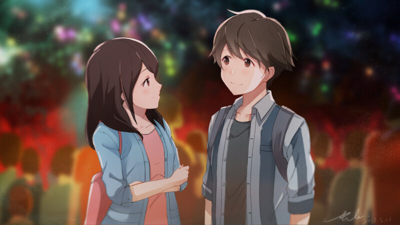 Anime Couple at Night — Blue, Romantic