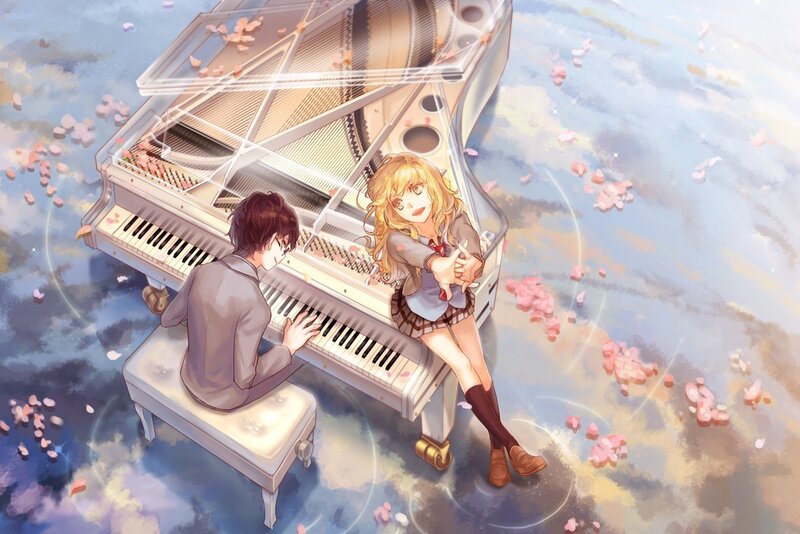 Anime Couple at Piano — Blue, Serene