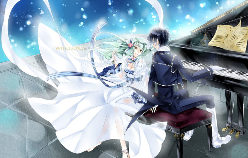 Anime Couple at Piano — Blue