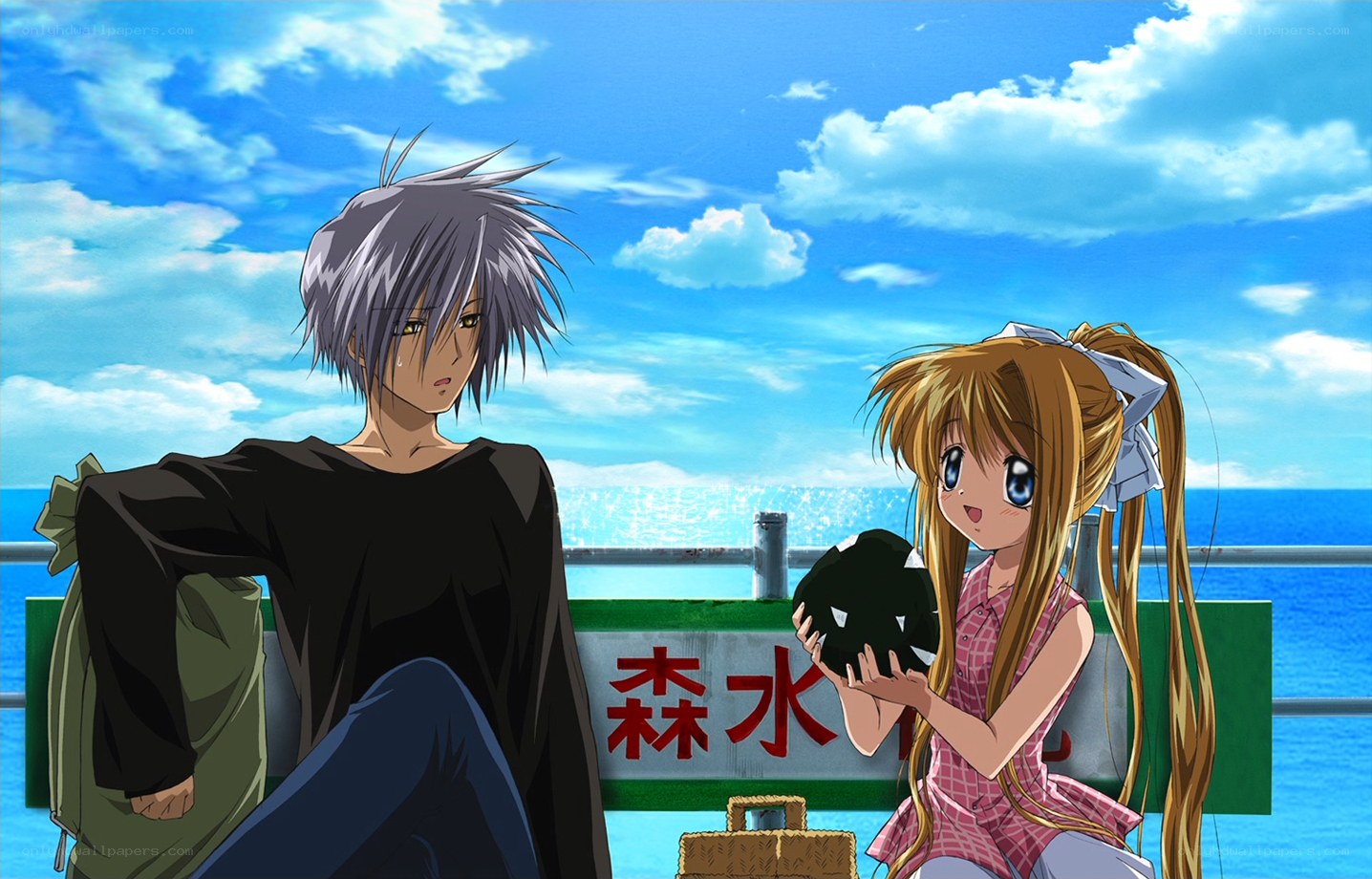 Anime couple at seaside bench