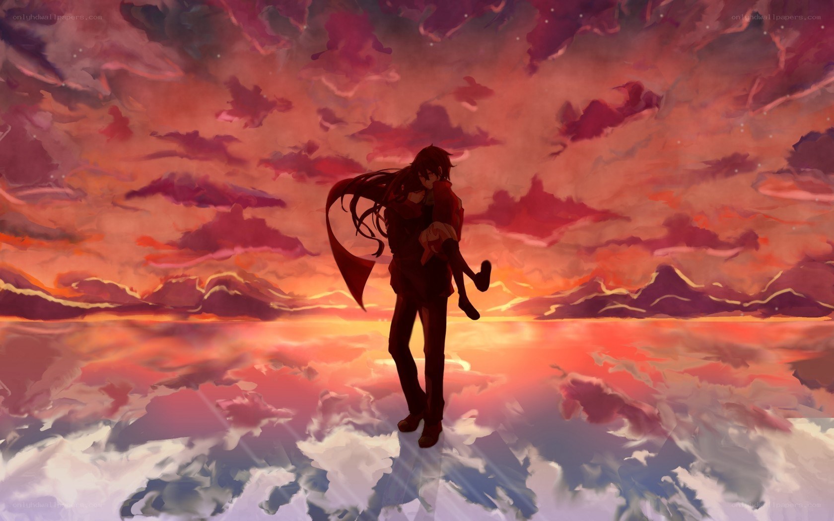 anime couple at sunset