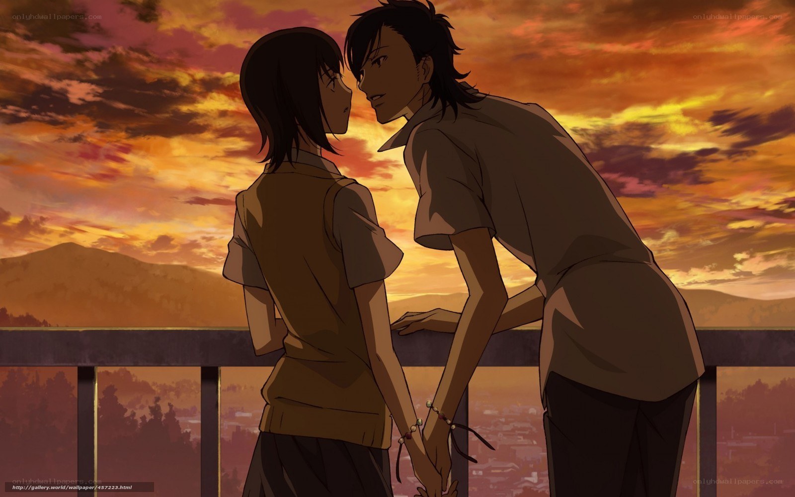 anime couple at sunset