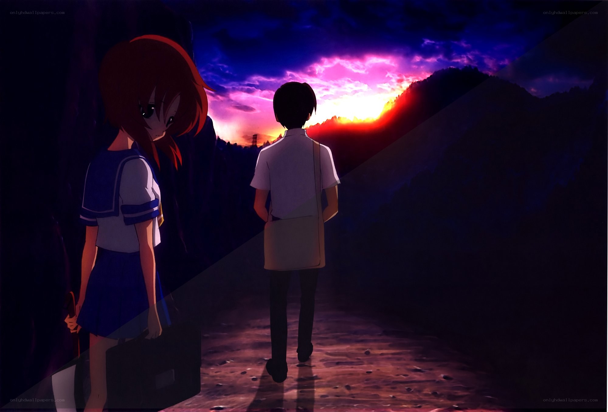 anime couple at sunset