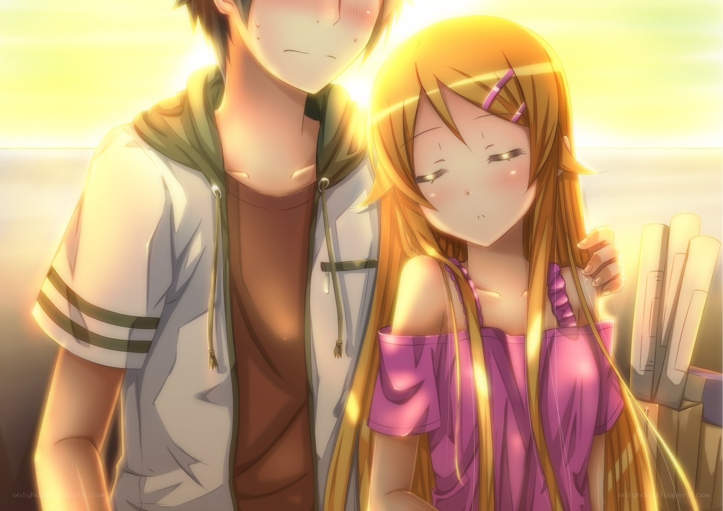 anime couple at sunset