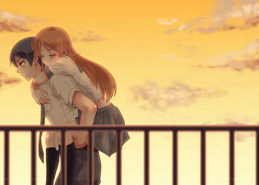 anime couple at sunset