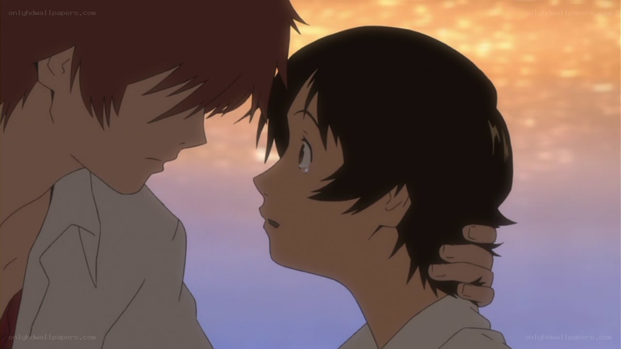 anime couple at sunset