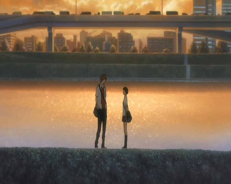 anime couple at sunset