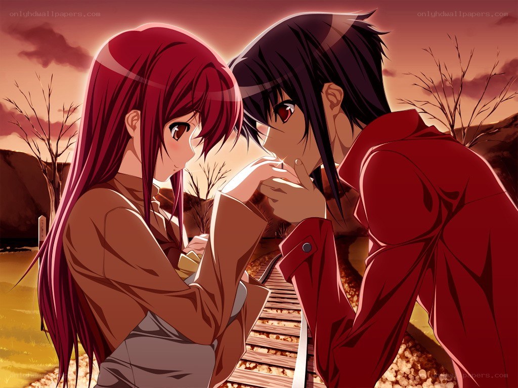 anime couple at sunset
