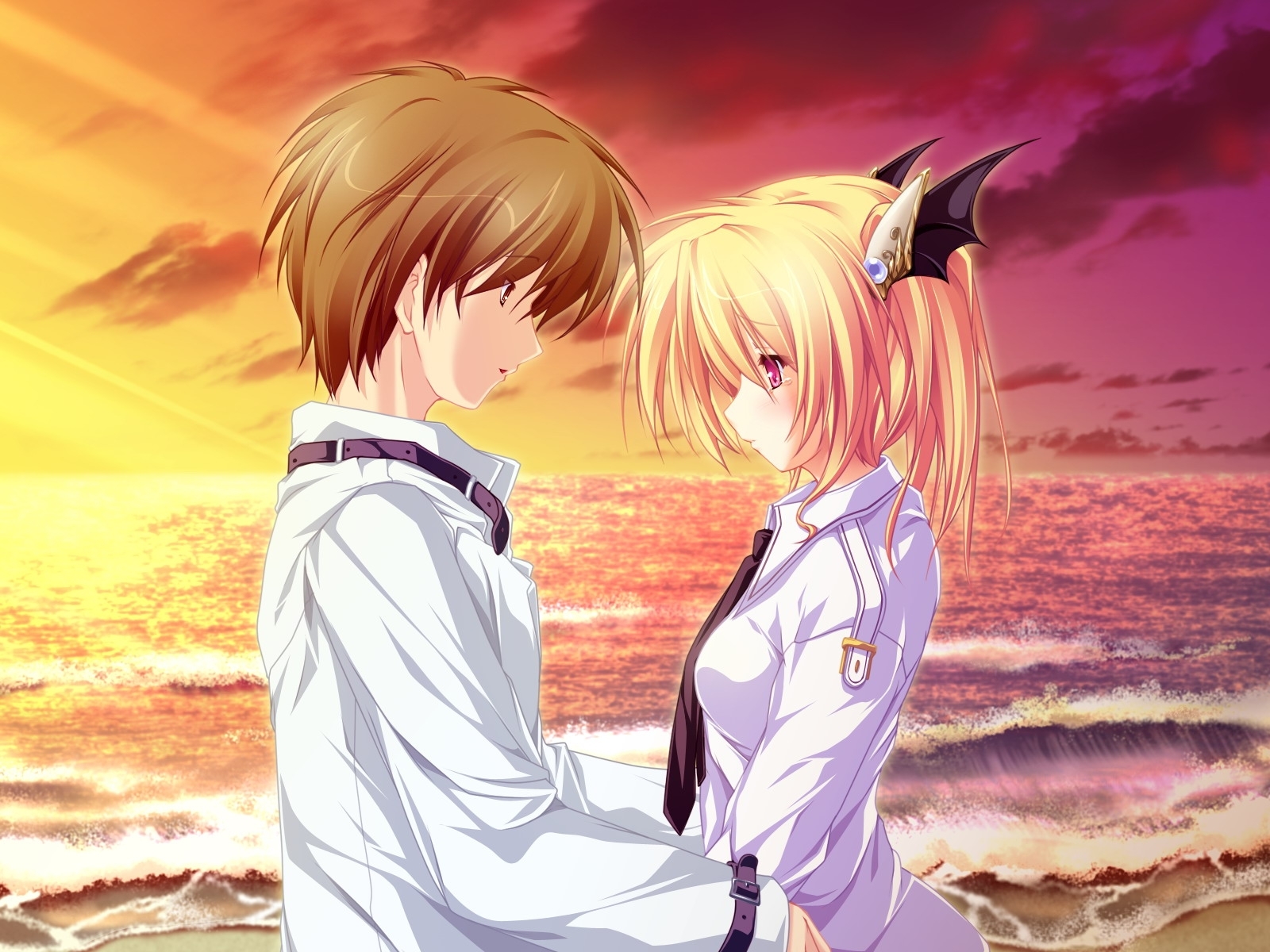 anime couple at sunset