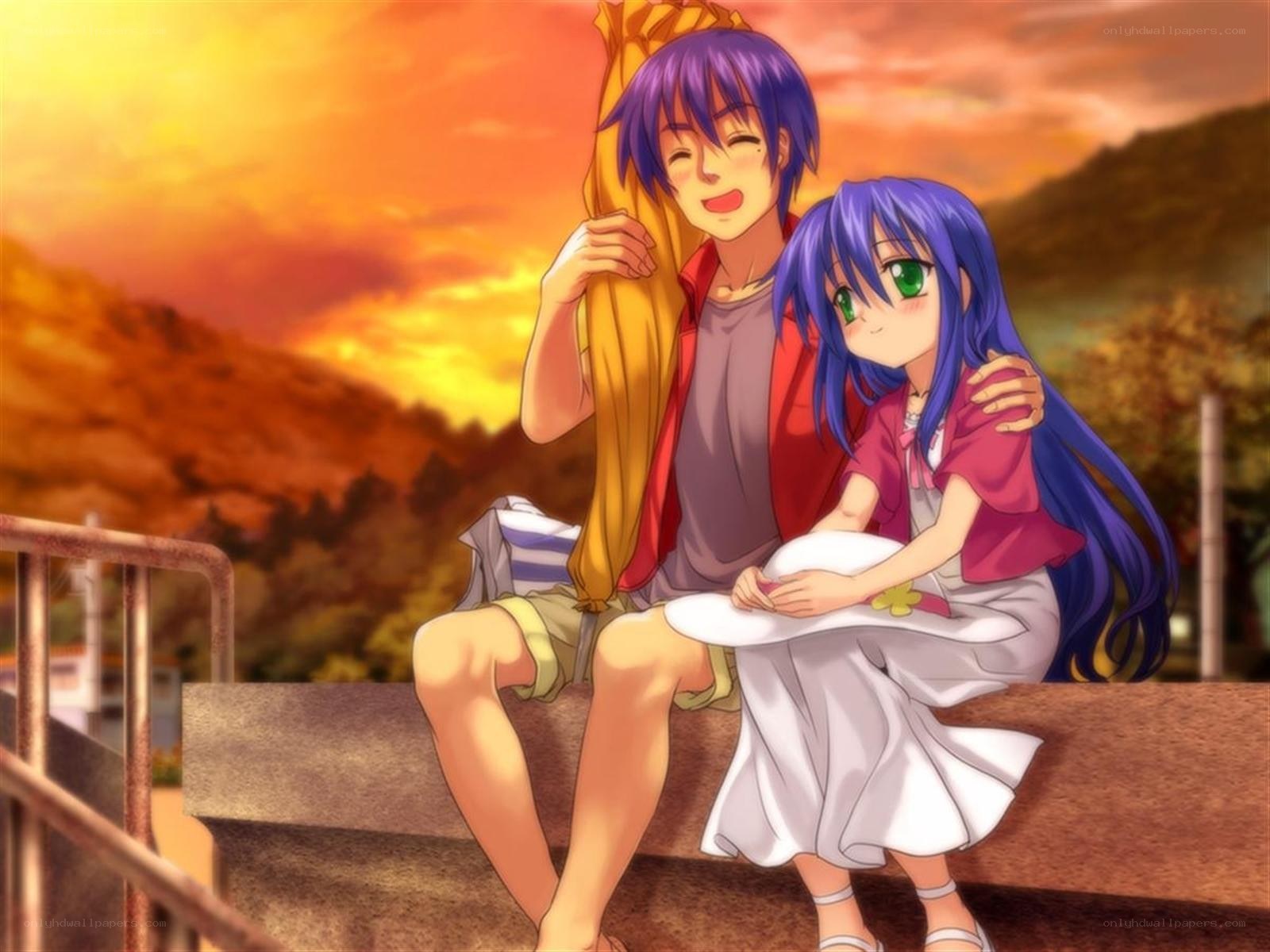 Anime couple at sunset