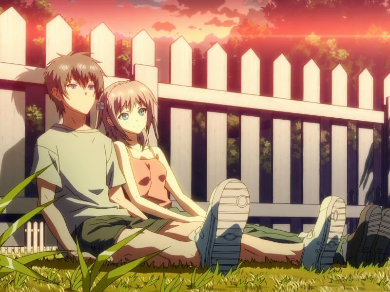 anime couple at sunset