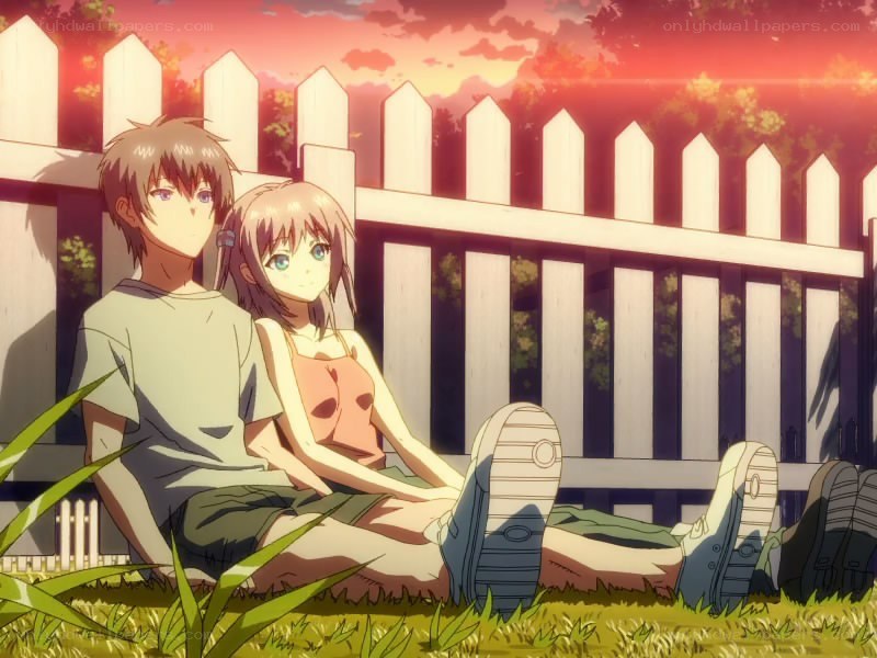 anime couple at sunset
