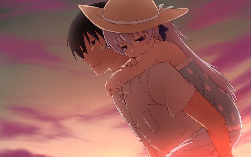 anime couple at sunset