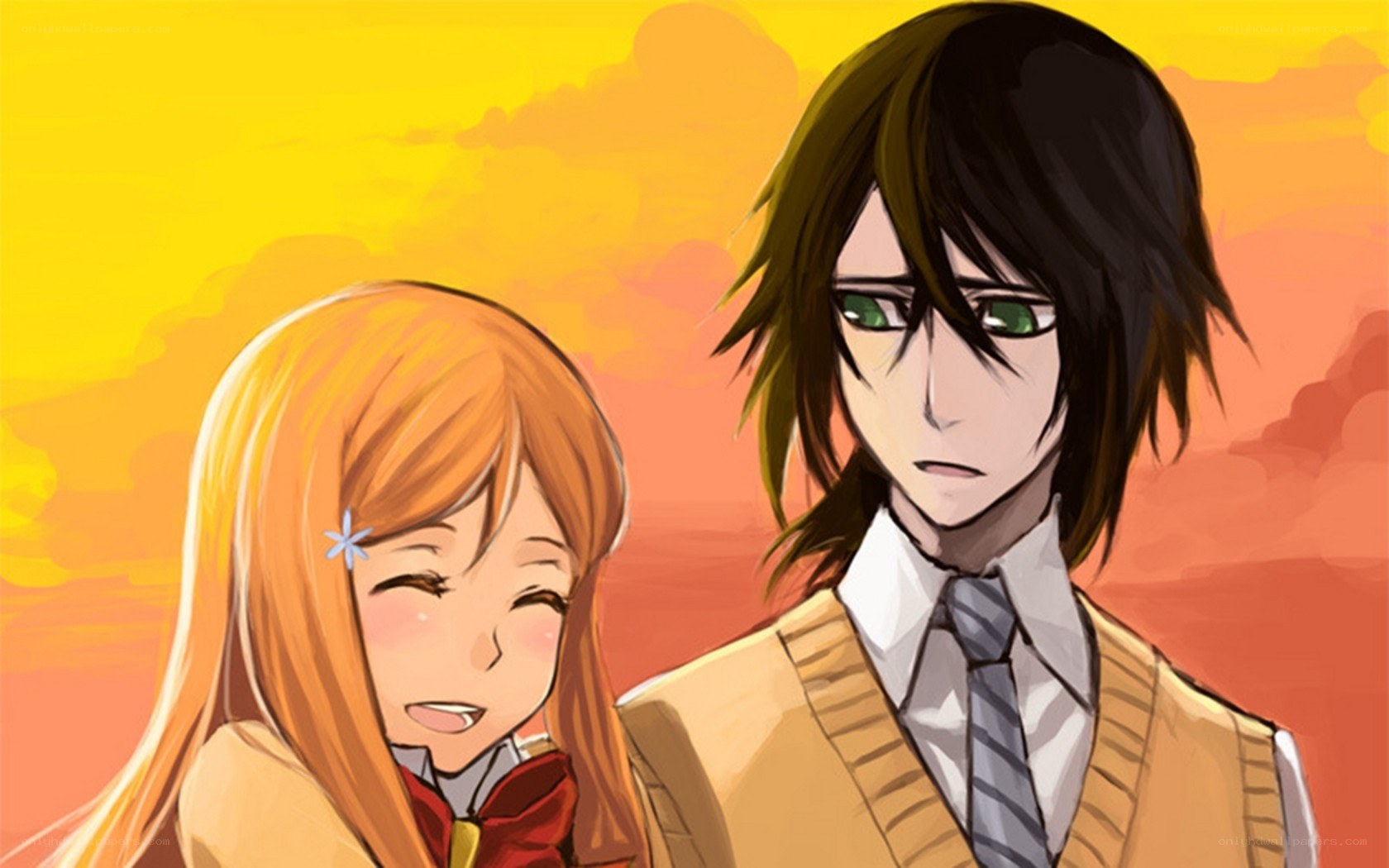 anime couple at sunset