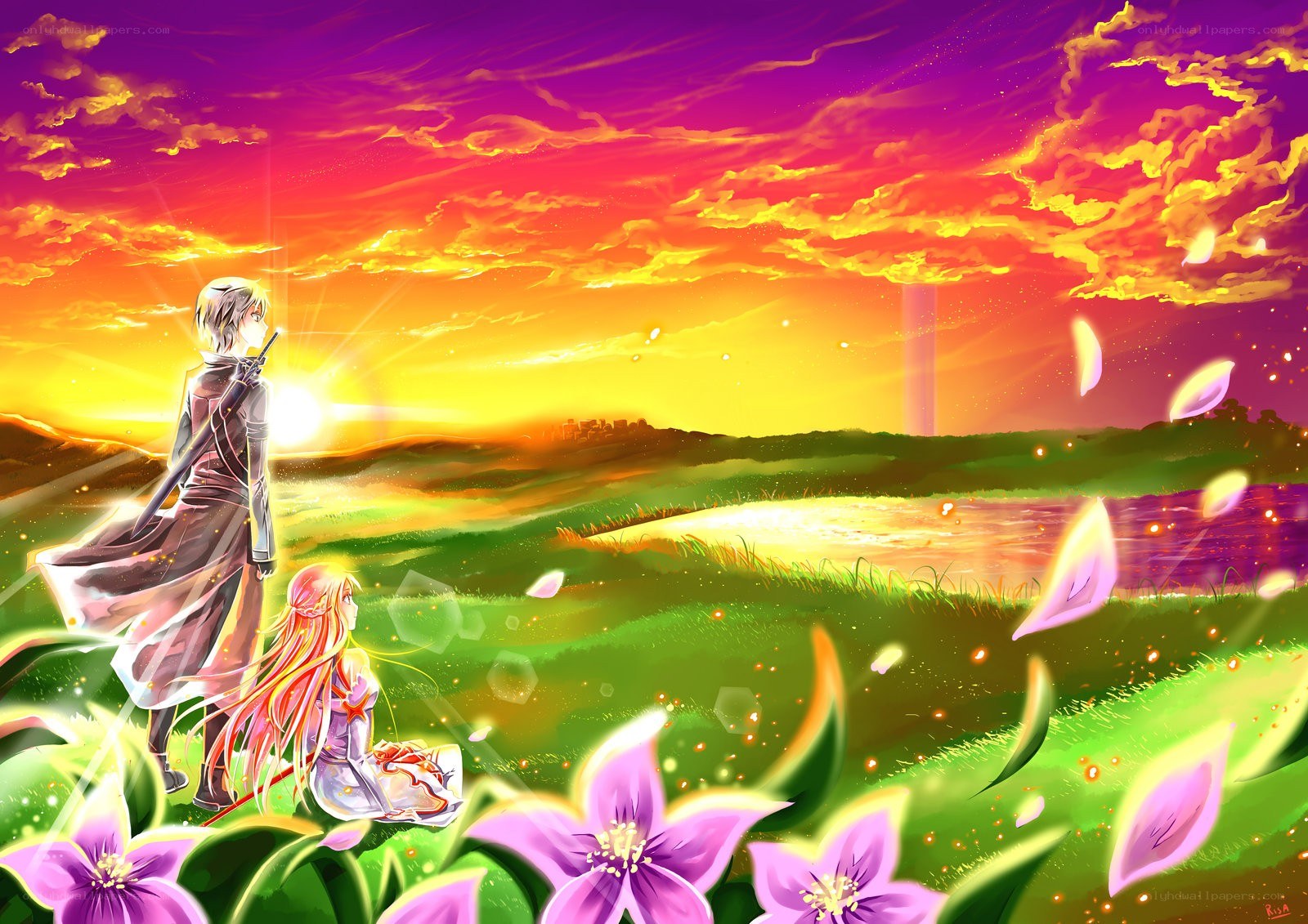 Anime couple at sunset