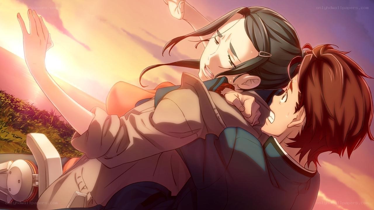 anime couple at sunset