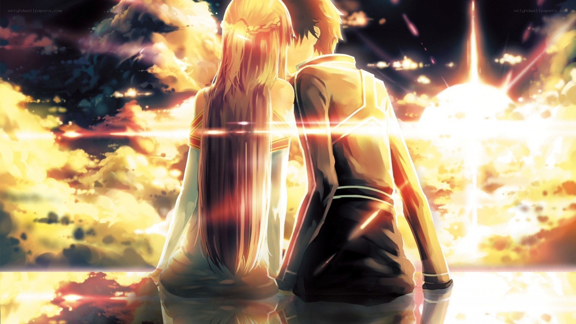 anime couple at sunset