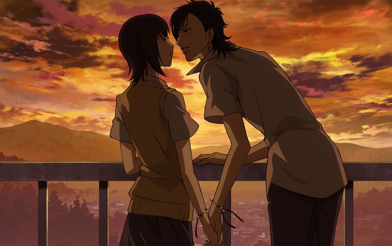 anime couple at sunset