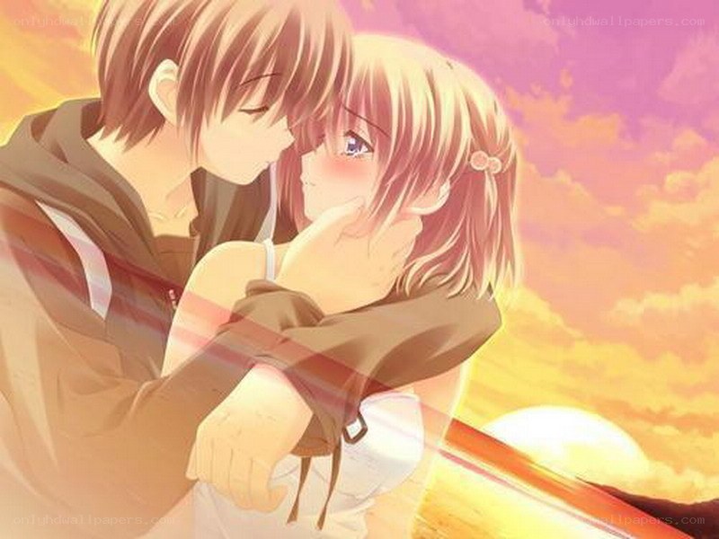 anime couple at sunset