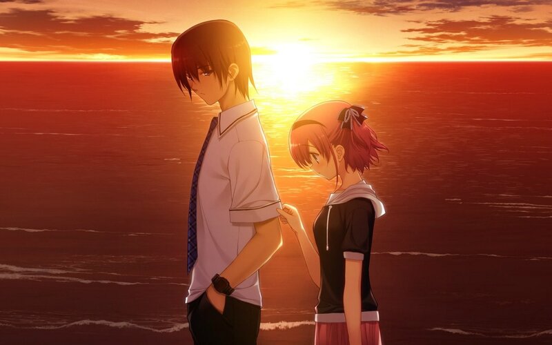 Anime Couple at Sunset — Orange, Serene, Ocean, School Uniforms