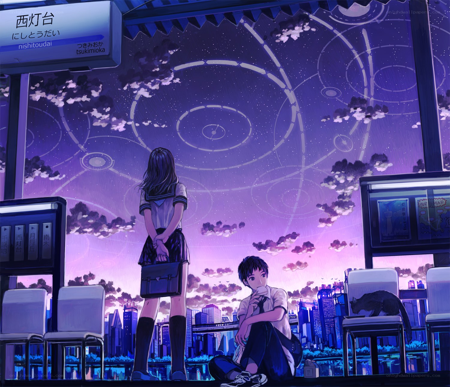 Anime couple at train station