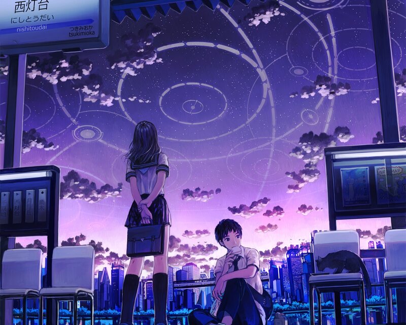 Anime couple at train station